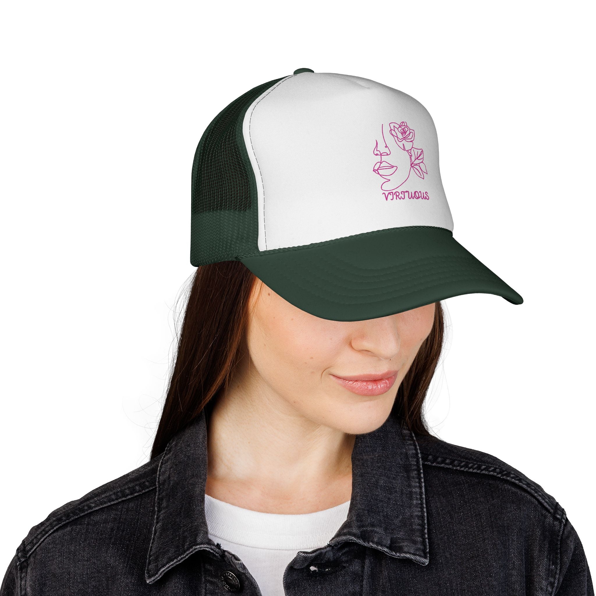 Virtuous Trucker Cap, Floral Graphic Hat, Trendy Casual Headwear, Gift for Her, Summer Fashion Accessory