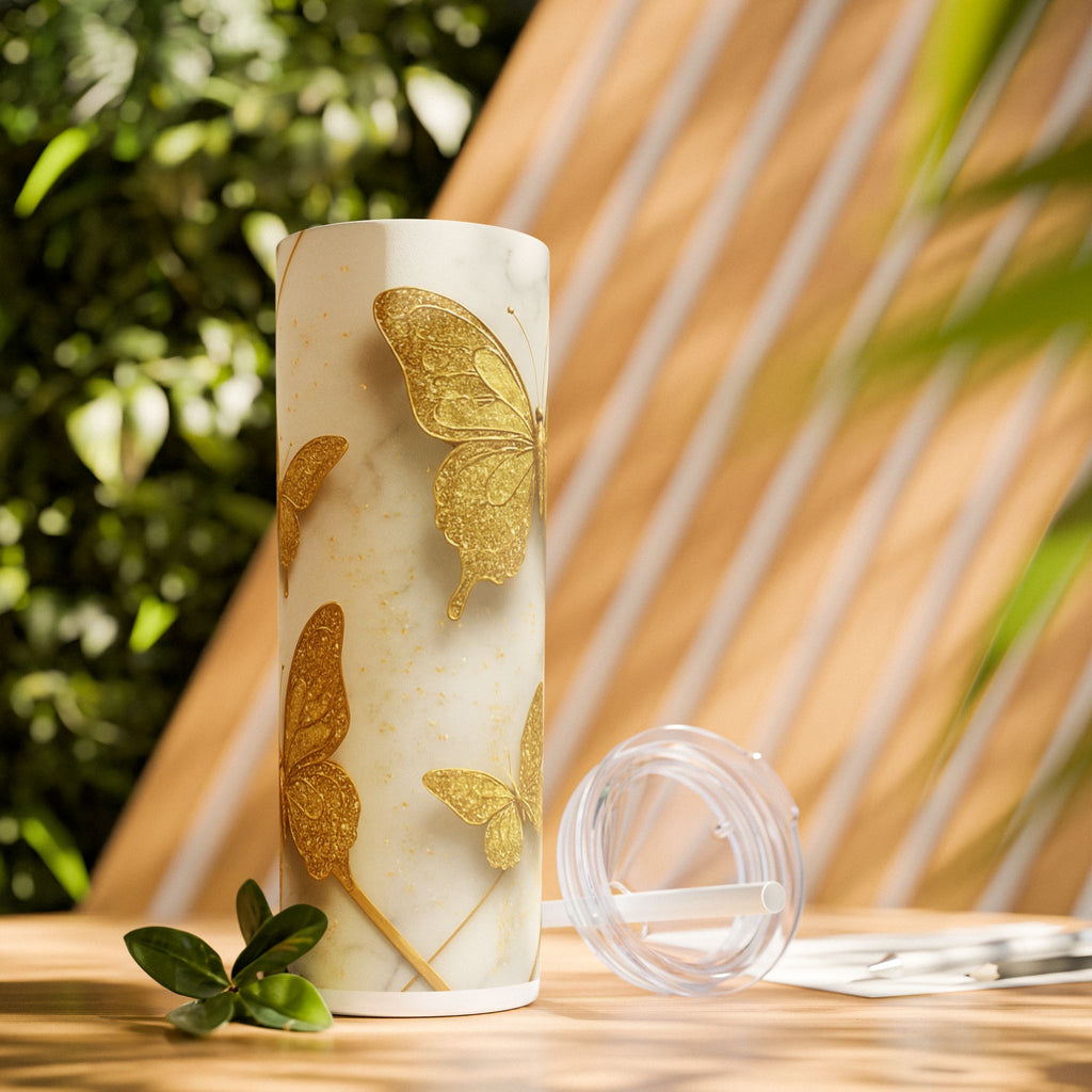 3D Butterfly Tumbler, Gift for Her, Feminine Cup, Summer Vacation, Spring Break Cup, Skinny Tumbler with Straw