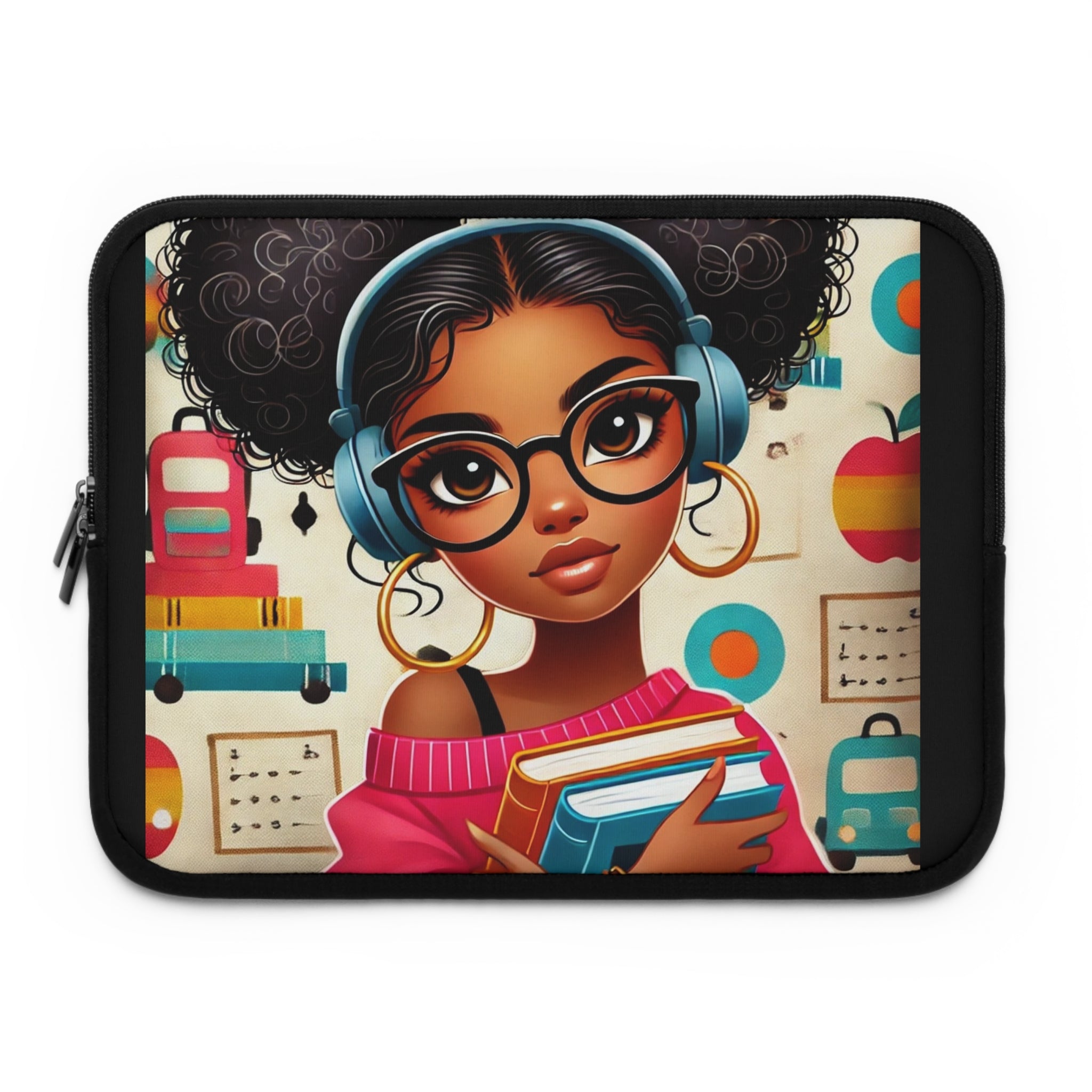 Stylish Black Laptop Sleeve with Cute Bookworm Design, Notebook Carrying Case, Tech Accessory, Gift for Students, Clean & Chic Style