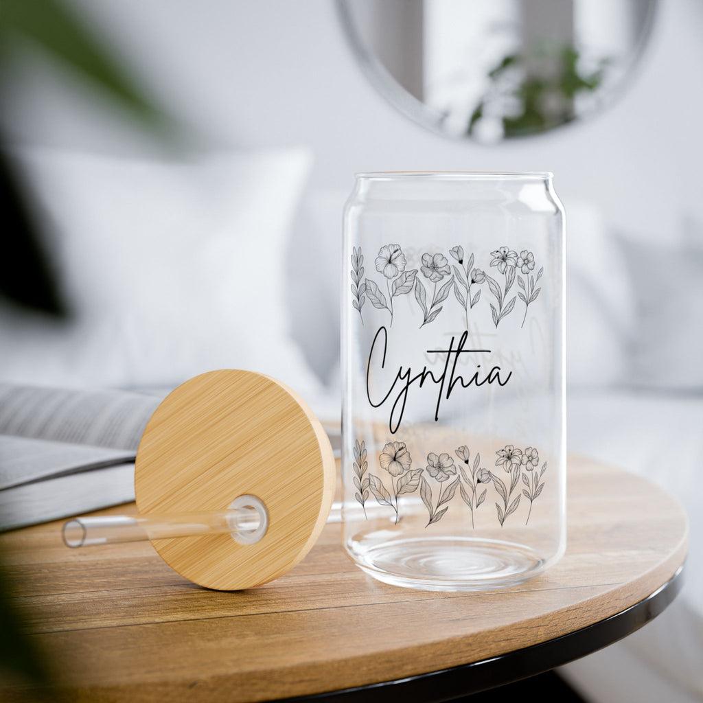 Personalized Botanical Sipper Glass Elegant Drinkware, Customizable Water Bottle, Eco-Friendly Glass Cup, Unique Gift Idea, Stylish Beverage