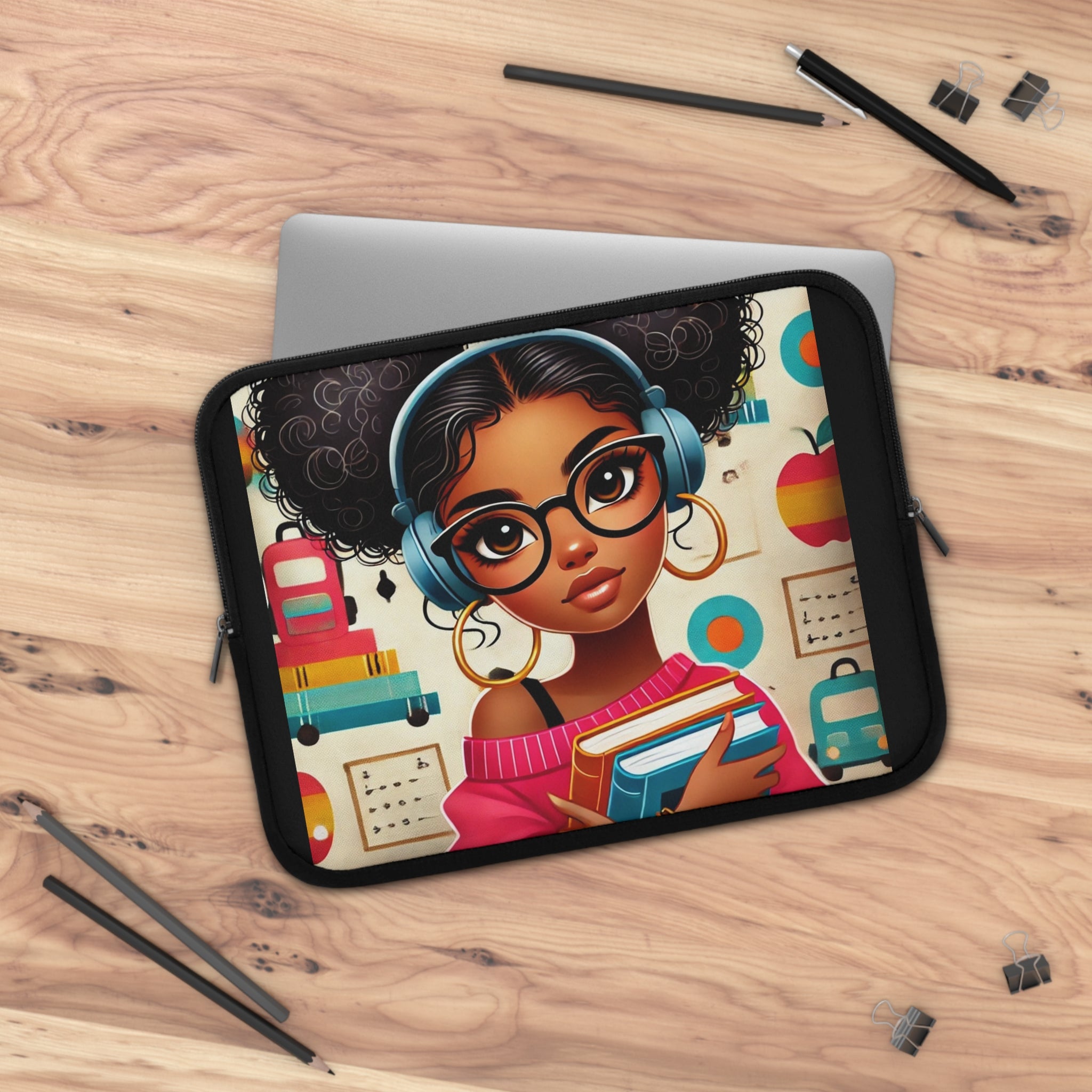 Stylish Black Laptop Sleeve with Cute Bookworm Design, Notebook Carrying Case, Tech Accessory, Gift for Students, Clean & Chic Style