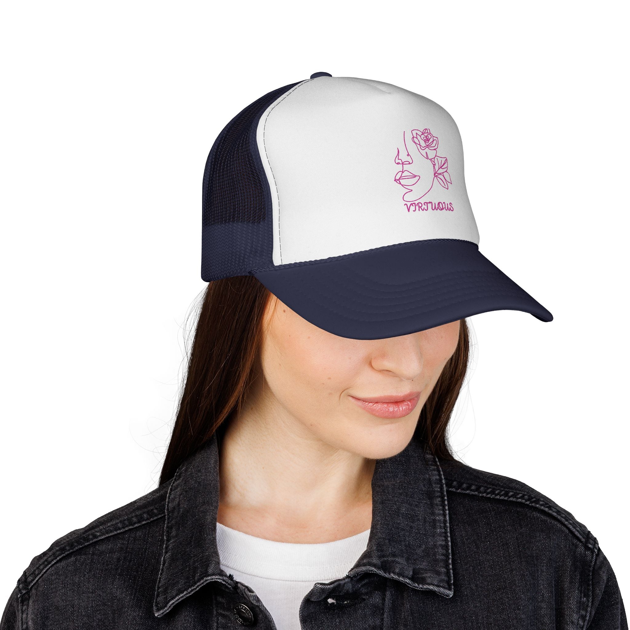 Virtuous Trucker Cap, Floral Graphic Hat, Trendy Casual Headwear, Gift for Her, Summer Fashion Accessory